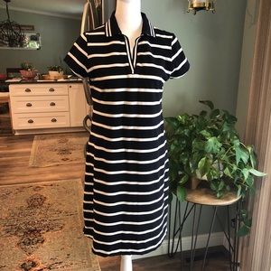 Lands’ End Women’s Nautical Navy Blue White Striped Polo T-Shirt Dress Sz XS 2-4